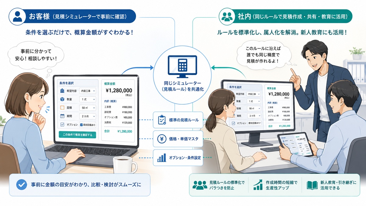 見積もりシミュレーターが顧客向けの概算確認と社内向けの見積ルール共有に役立つことを示すイラスト