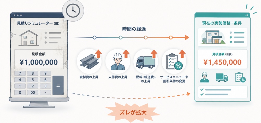 時間の経過とともに見積もりシミュレーターの計算結果にズレが生じていくイメージ画像