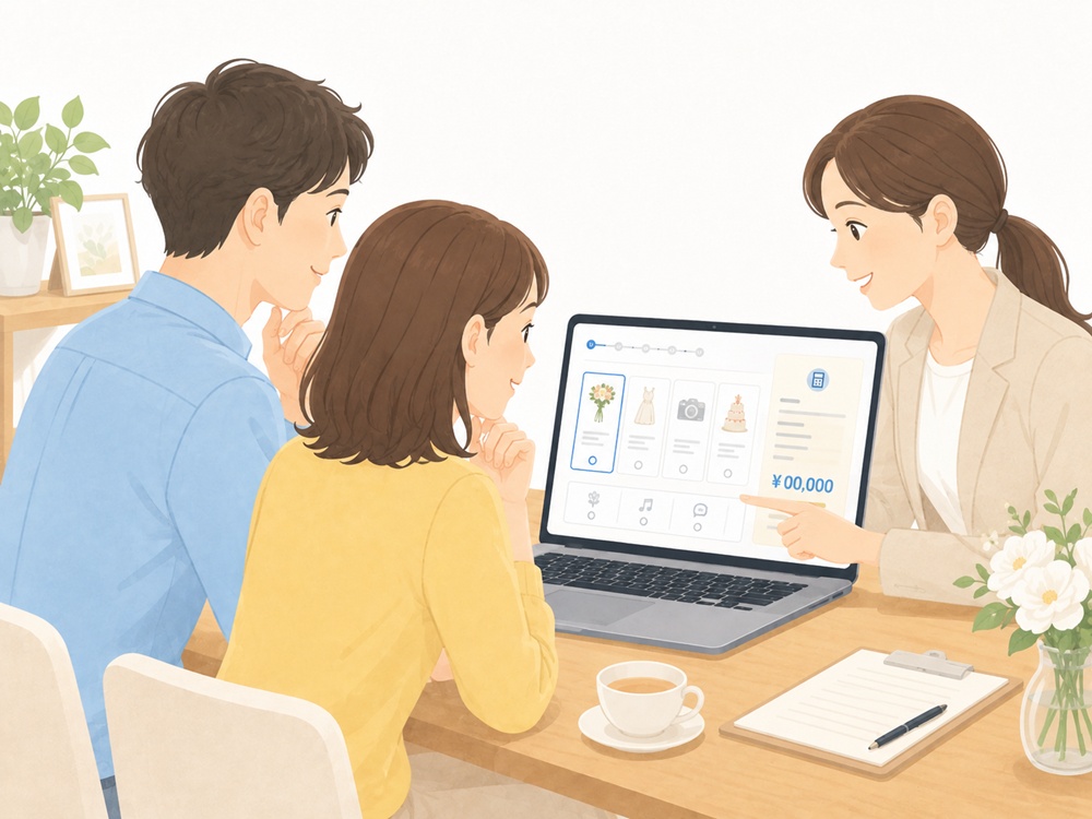 結婚式やペット葬儀の相談で、お客様と担当者が同じ見積もり画面を見ながらプランやオプションを一緒に選んでいるイメージ