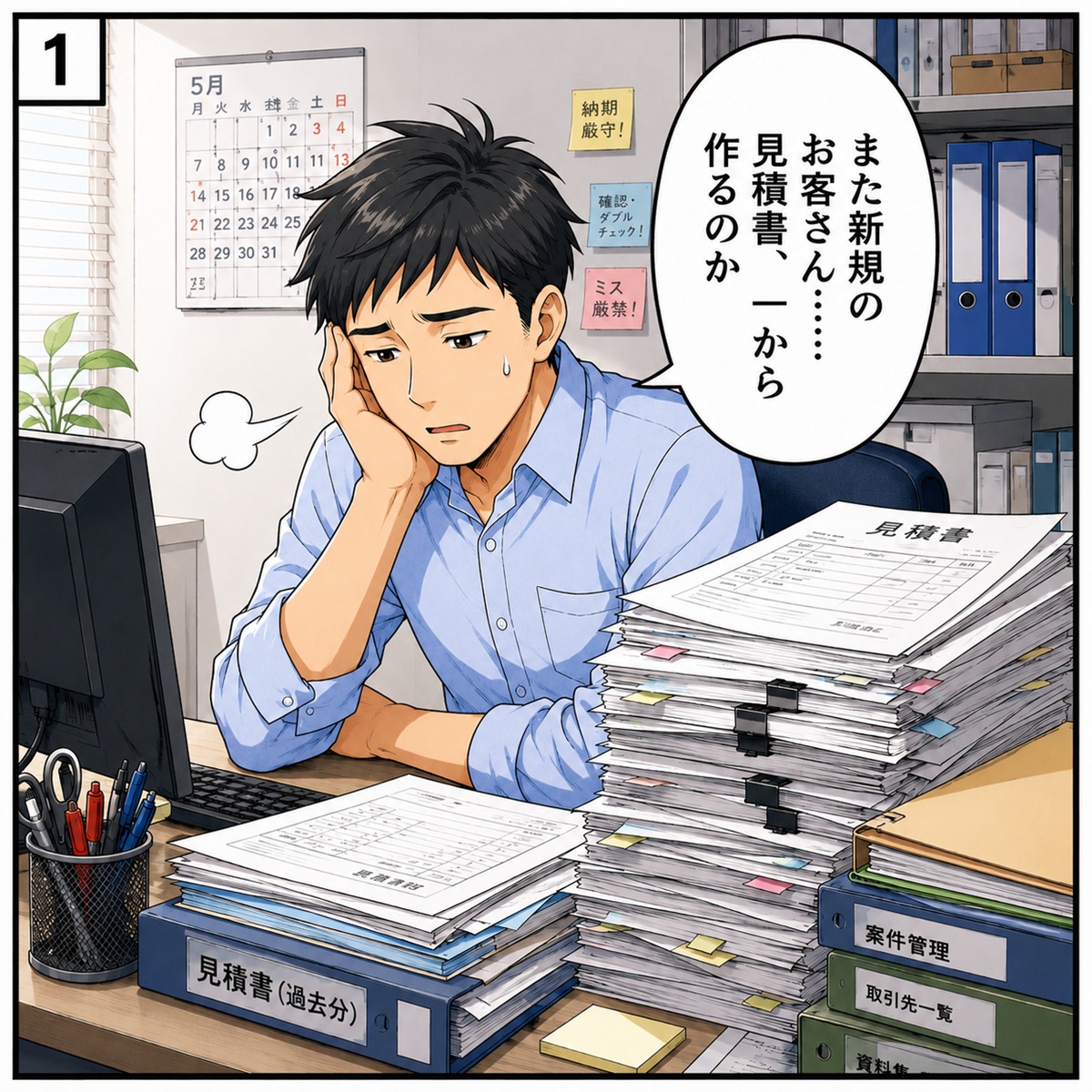 漫画1コマ目：新規のお客さんの見積書作成に悩む事業者