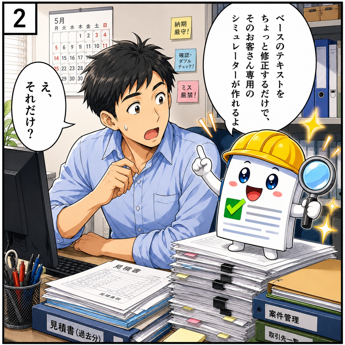 漫画2コマ目：少し修正するだけで専用シミュレーターが作れると説明する見積太郎