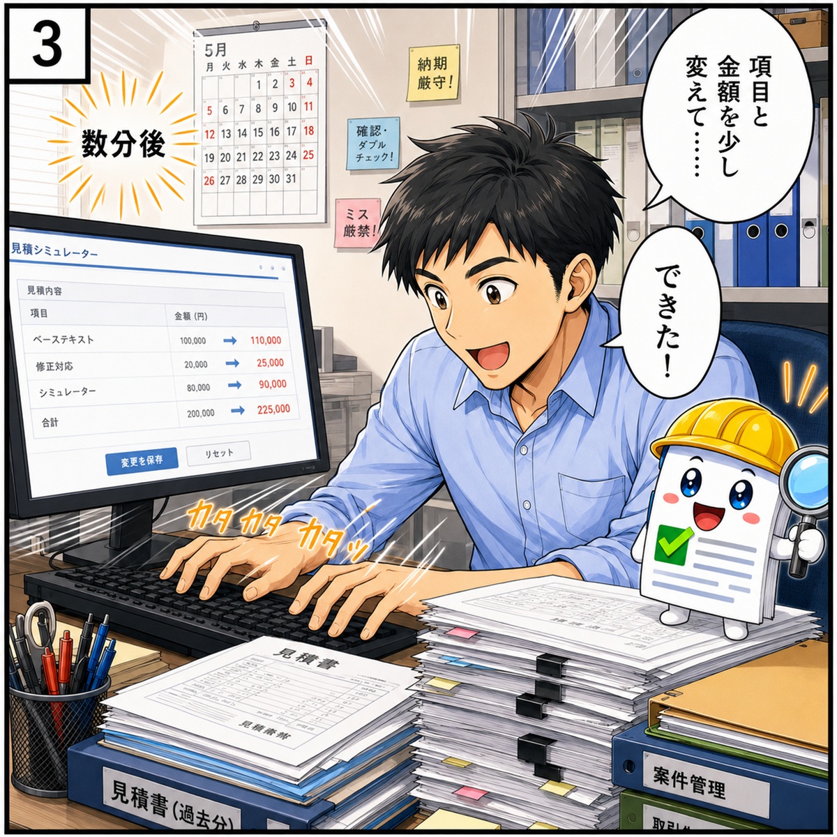 漫画3コマ目：項目と金額を少し変えて数分で完成させる事業者