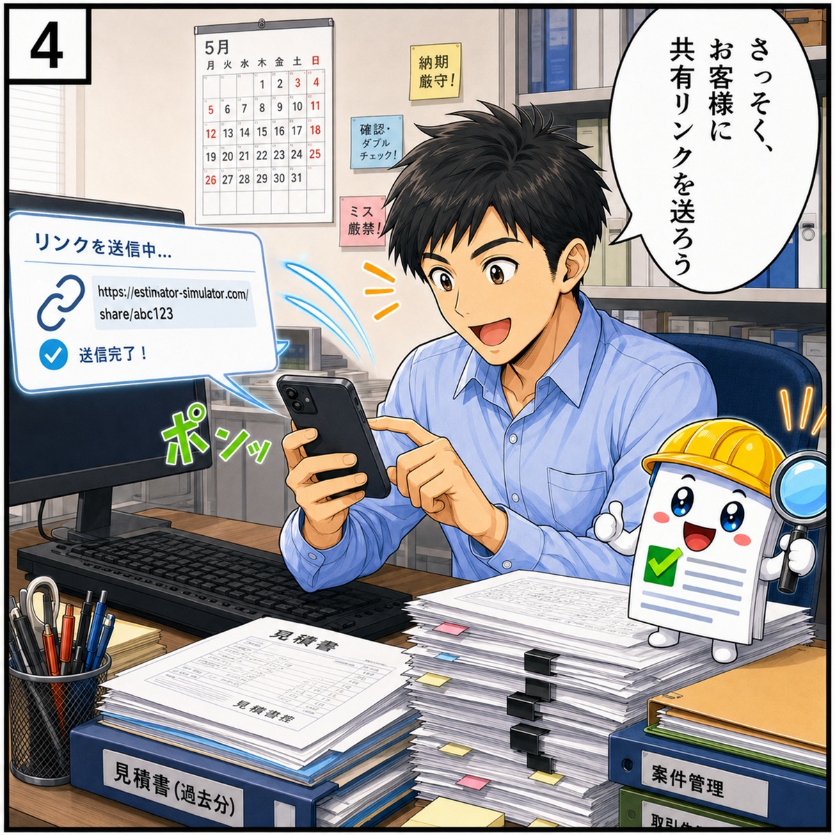 漫画4コマ目：お客様に共有リンクを送る事業者