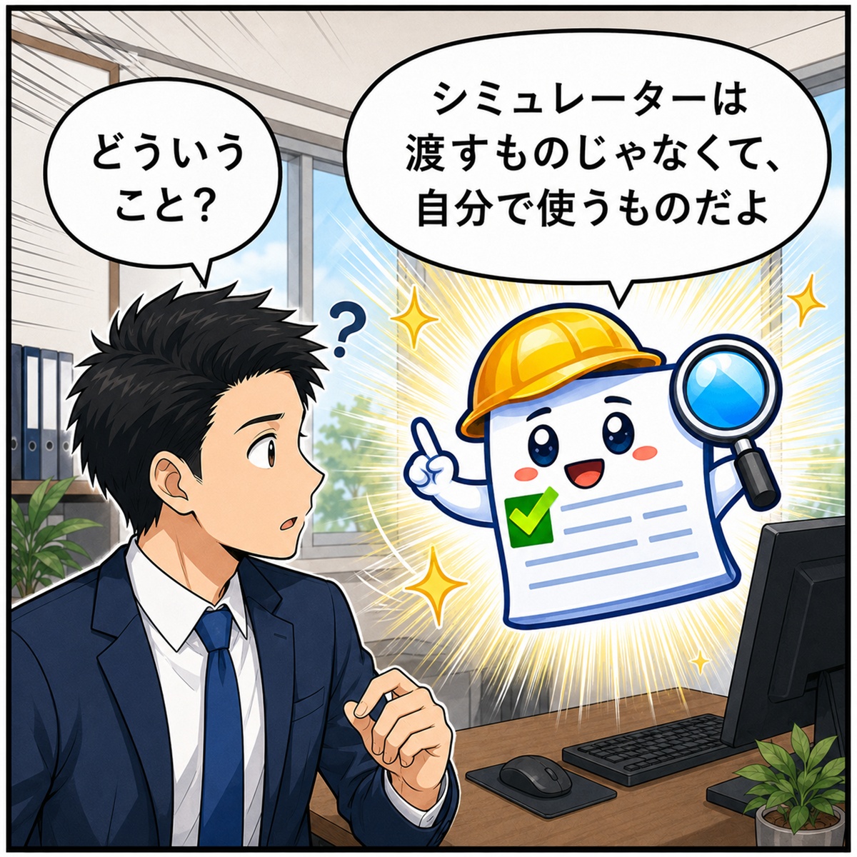 漫画3コマ目：見積太郎が登場して使い方を説明する