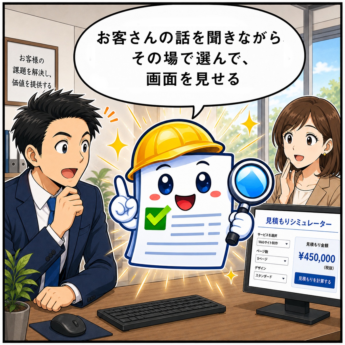 漫画4コマ目：お客様の話を聞きながらその場で選ぶと説明する見積太郎