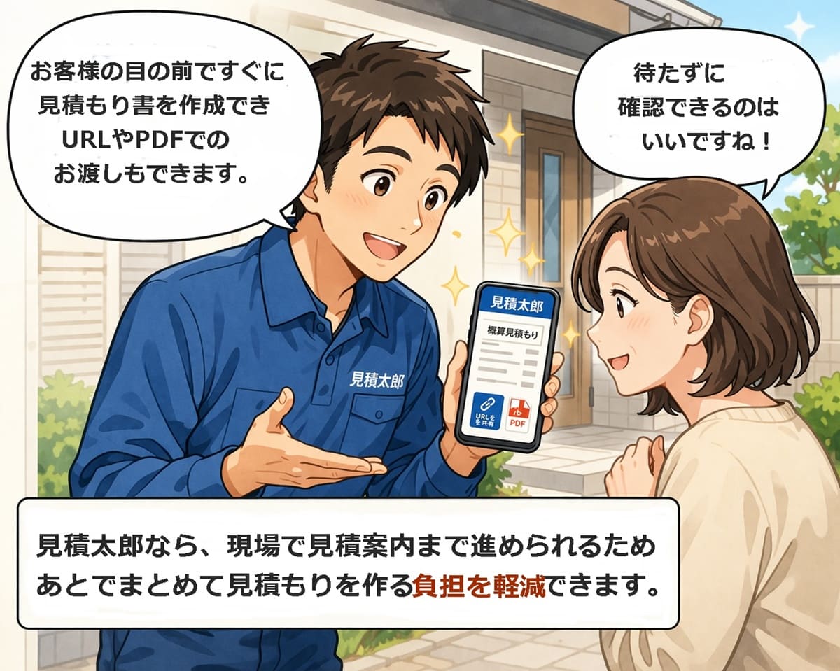 お客様の前でスマホを使いながら概算見積もりを案内しているイメージ