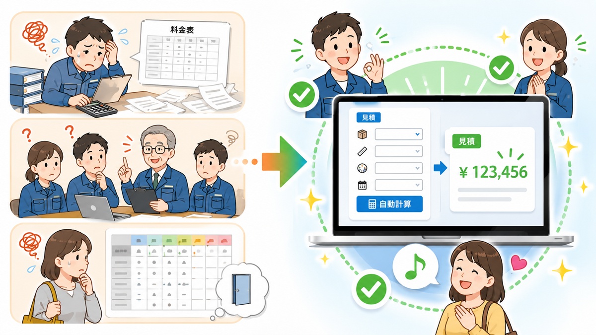 複雑な料金表や属人的な見積もり作業を、Web上の自動計算フォームに置き換えるイメージ