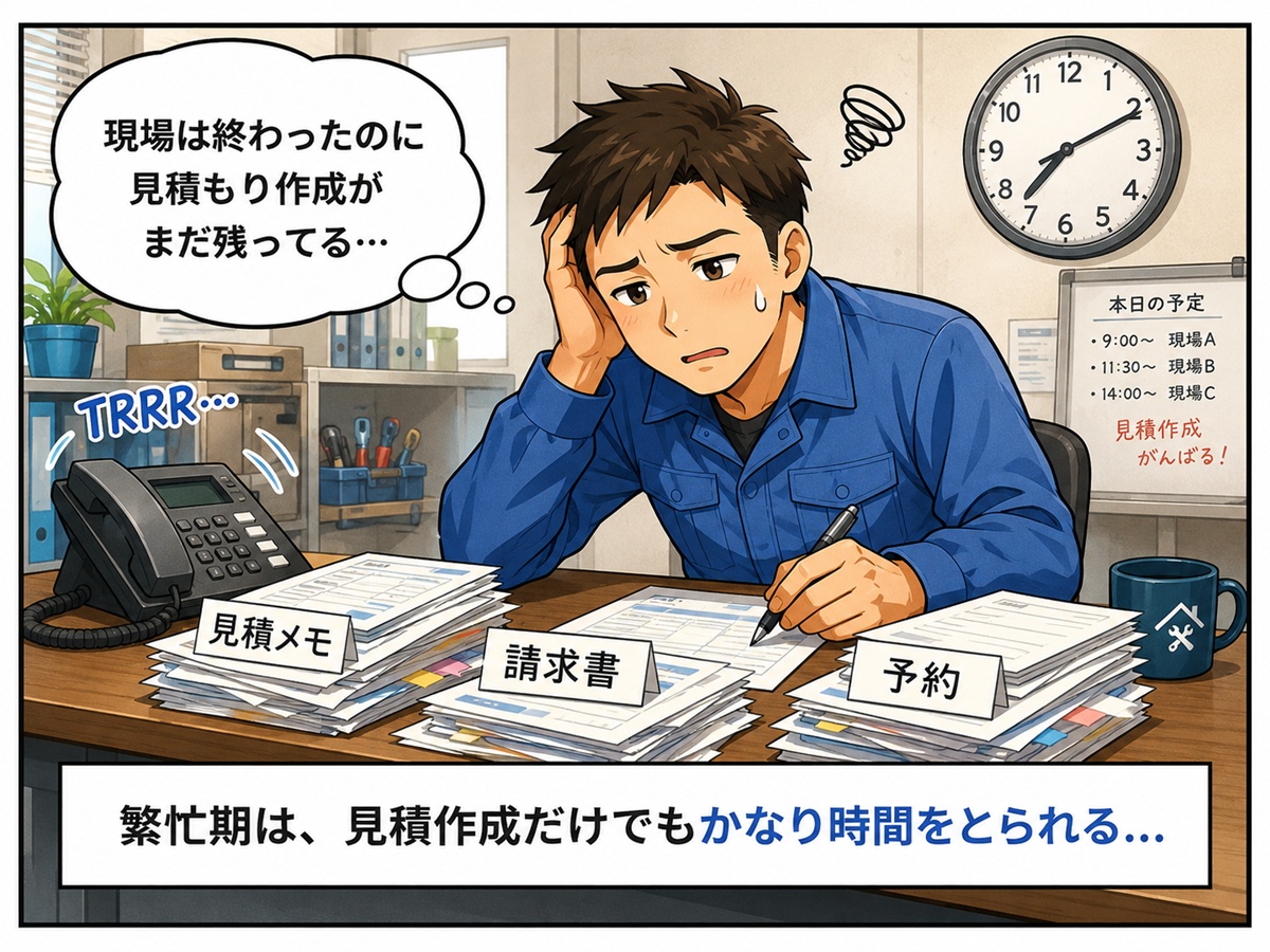 現場作業後も見積もり作成や請求書、予約対応などの事務作業に追われるスタッフのイメージ