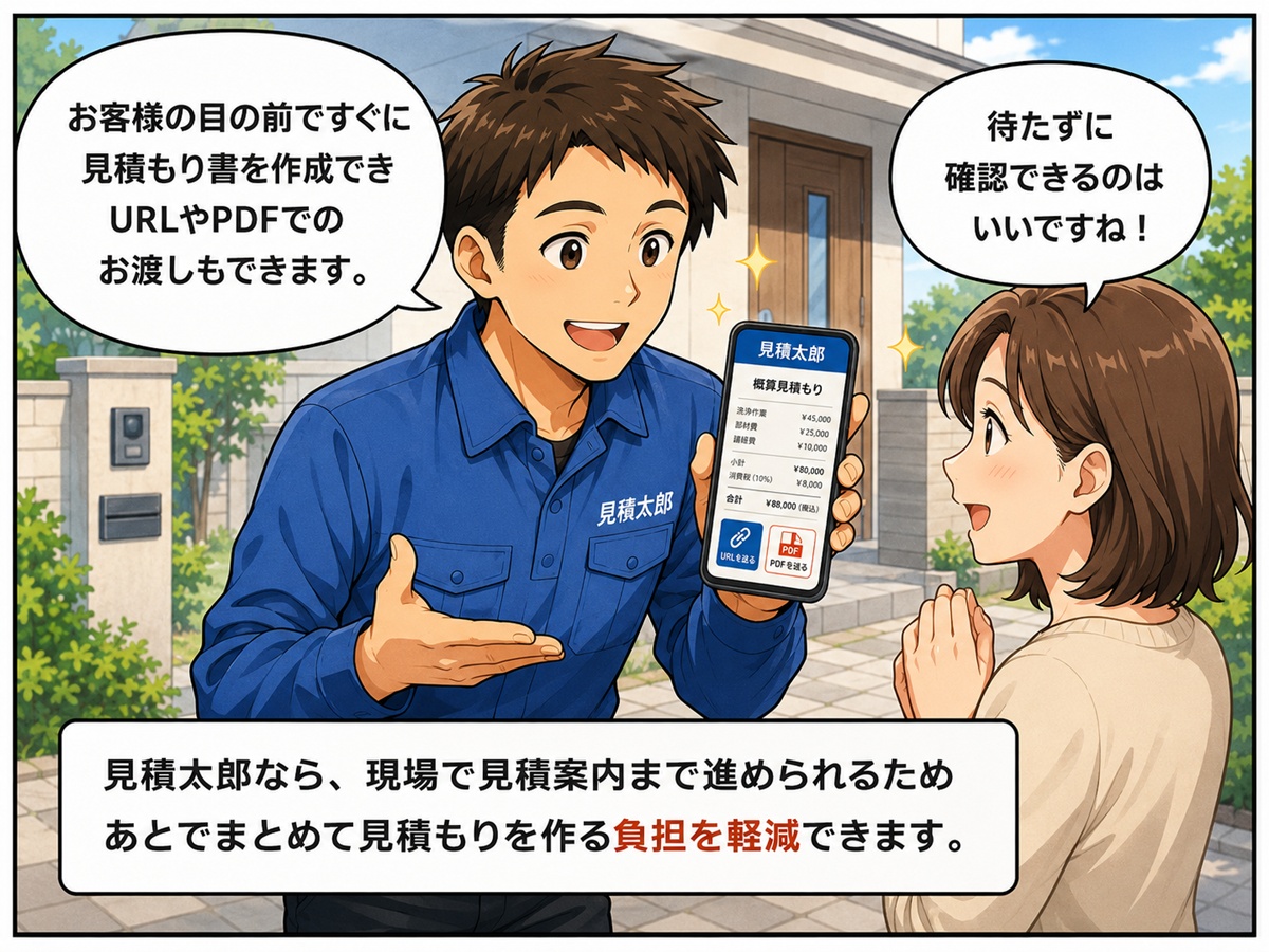 現場でお客様にスマートフォンの見積太郎画面を見せながら概算見積もりを案内するスタッフのイメージ