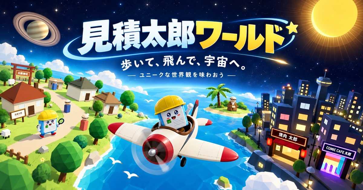 見積太郎ワールド。見積太郎が飛行機で島や街の上空を飛ぶ3Dワールド